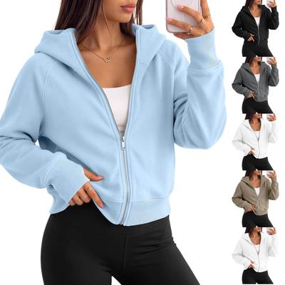 Women's Fashion Cropped Zip-Up Hooded Sweatshirt Jacket with Long Sleeves for Casual Wear