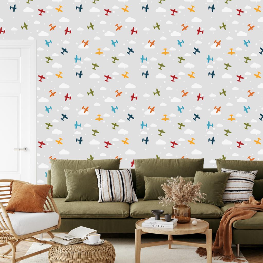 Wallpaper Colorful airplanes from the clouds for the living room and bedroom 50x1000