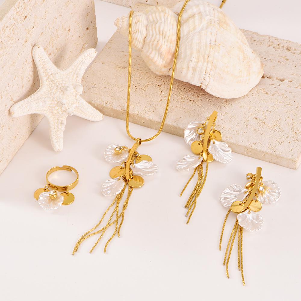 Exaggerated Shell Tassel Necklace, Earrings & Ring Set - Titanium Steel, Stainless Steel