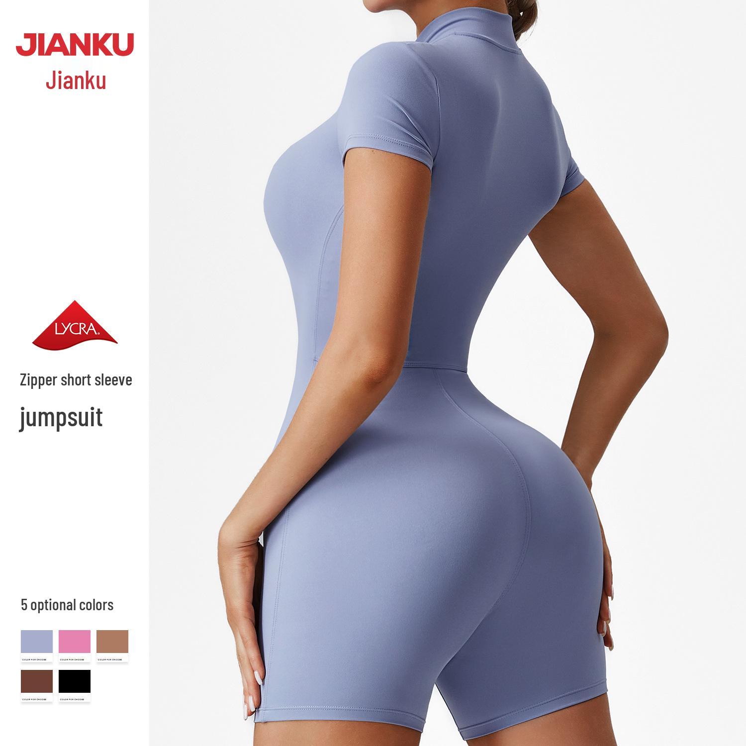 

European & American Summer Zipper Short-Sleeve Yoga Bodysuit - High Elastic, Nude Feel, Slimming & Quick-Drying for Dance & Fitness M