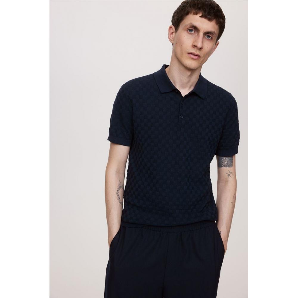 

H M sliM Fit Textured Knit Polo sHirt Navy Blue S