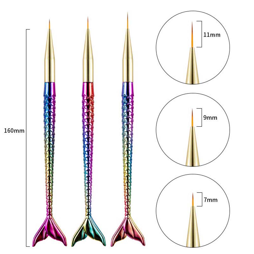 3Pcs/set Ultra-thin Line Mermaid Nail Painting Brush Mermaid Pull Wire Nail Brush Nail Salon