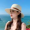 Summer beach trip sun hat for women with a high-end feel, straw woven large brim sun hat, French flat top grass hat