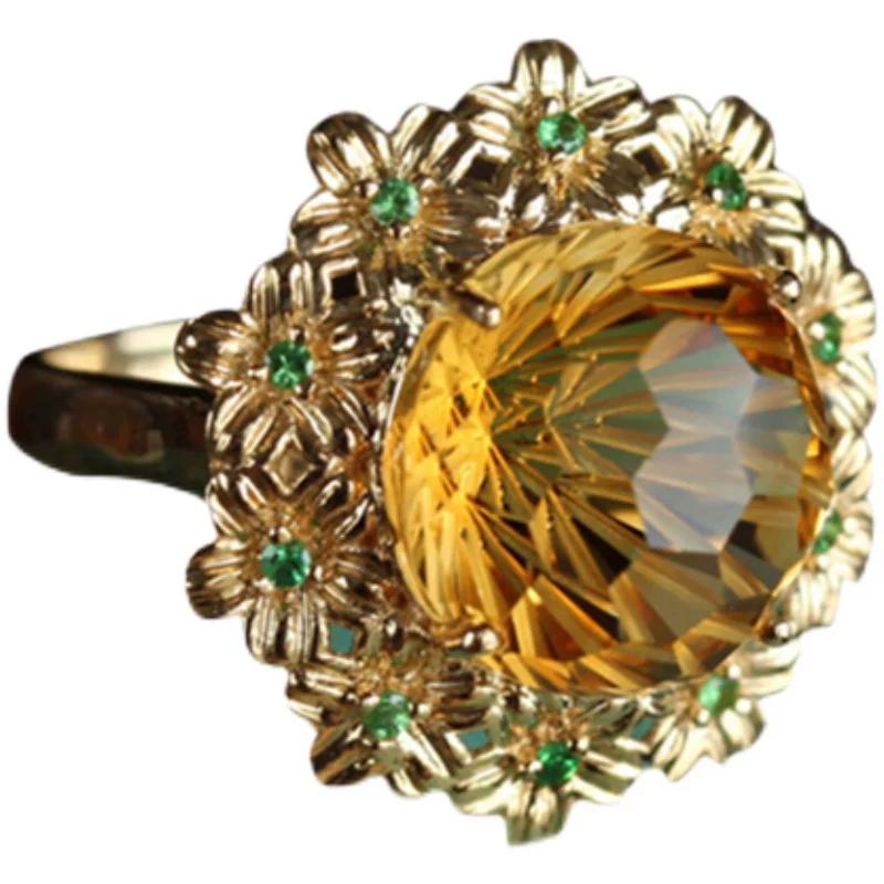Plated 925 Silver Fireworks Craft Cut Champagne Citrine Nacai 18K Gold Light Luxury Versatile Flower Ring