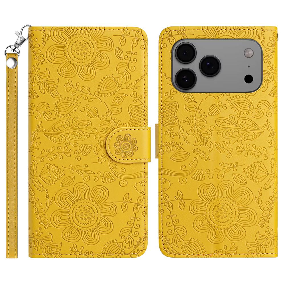 For iPhone 17 Pro Max Case Flower Imprint Leather Flip Wallet Phone Cover with Wrist Strap