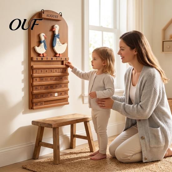 Manual Date Slider Wooden Vintage Goose Couple Perpetual Calendar, Reusable Month Blocks Farmhouse Wall Hanging Decor for Home Office Decorative