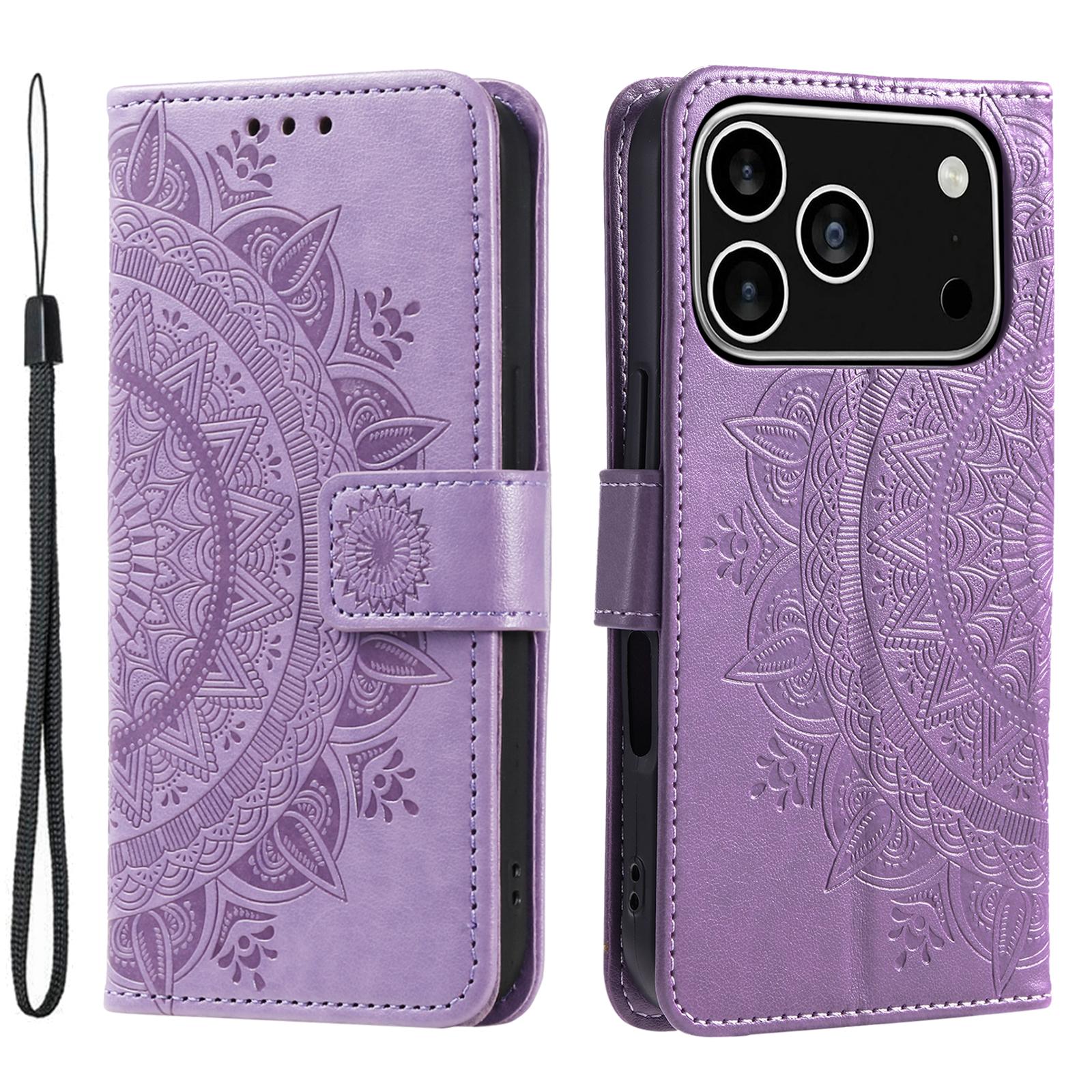 

For iPhone 17 Pro Stand Case Imprinted Totem PU Leather Wallet Phone Cover with Wrist Strap Purple