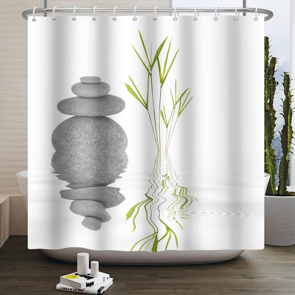 Japanese Hot Spring Theme Shower Curtain Green Bamboo Leaf Orchid Bathroom Zen Meditation Bathtub Shower Curtain With Hook