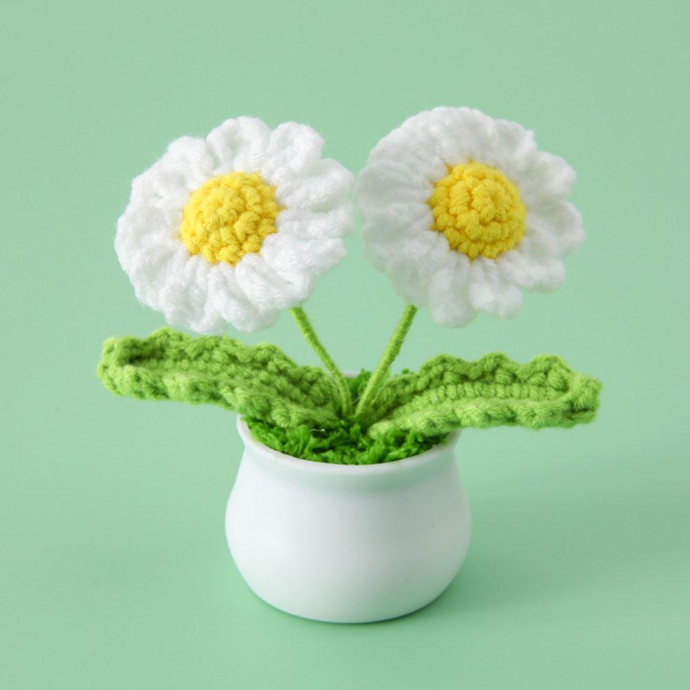 DIY Handwoven Mini Potted Flower Rose Tulip Daisy Office Desktop Ornamental Plant Woolen Thread Finished Product Home Decoration