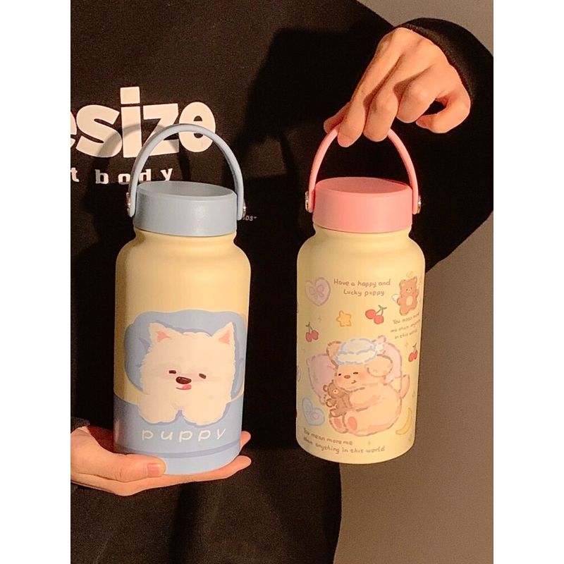 French Michals Keias Cute Cartoon Large-Capacity Thermos Cup for Women, Portable Stainless Steel Water Cup