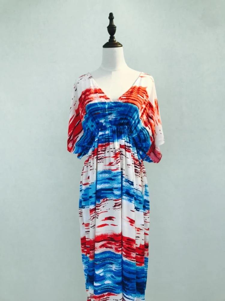 EDOLYNSA 2024 Summer Women Floral Maxi Beach Dresses Boho Beach Wear Multicolor Striped V Neck Half Sleeve High Waist Dress Ladies Q246