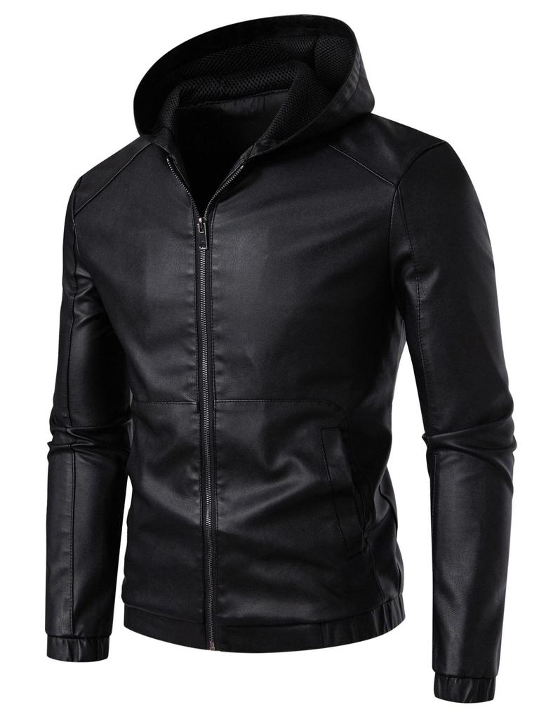 Men's Hooded PU Leather Motorcycle Jacket - Youth Casual Outdoor Faux Leather Jacket