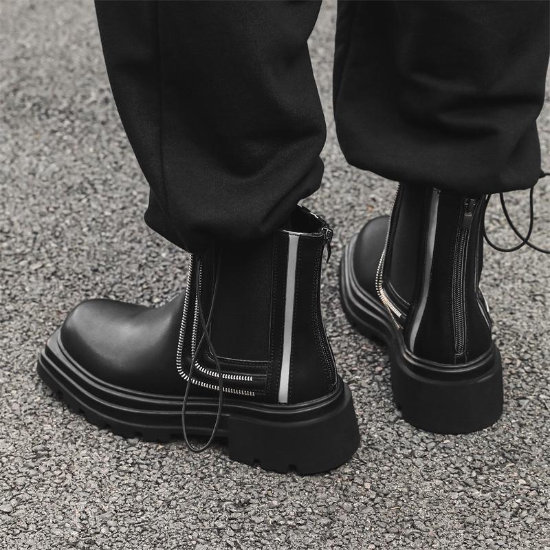 2024 Autumn Men's Fashionable Square-Toe Thick-Soled Zipper Mid-Tube Martin Boots