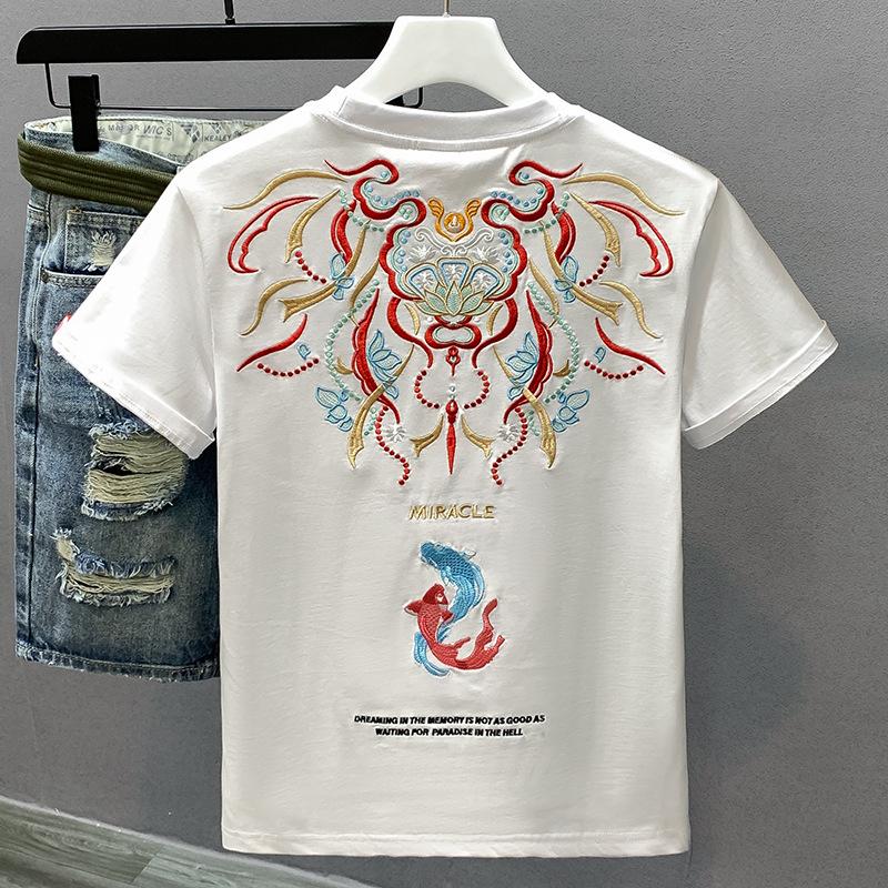 2026 Summer Men s Ethnic Style Embroidered Cotton Crew Neck T-shirt M белый