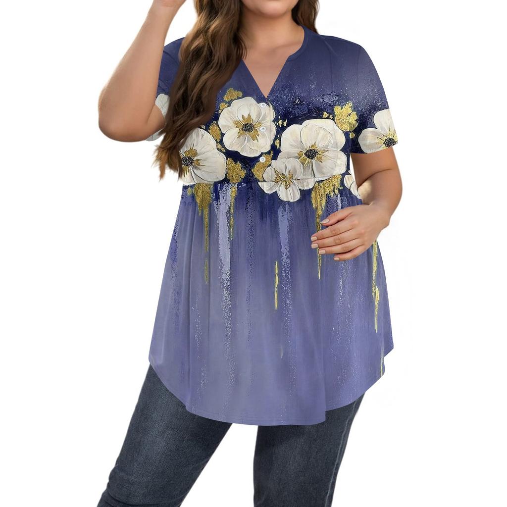 Kadın Baskılı Büyük Beden V Yaka Düğmeli Üst Günlük Kısa Kollu Bol Üst