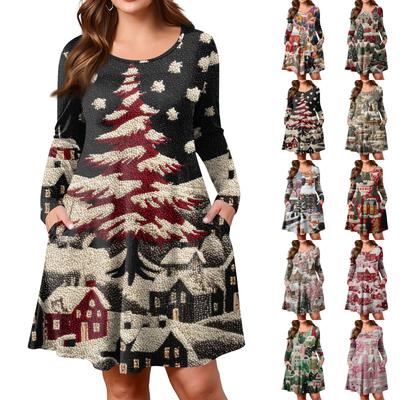 Vestido Casual de Talla Grande para Mujer con Estampado Degradado, Bolsillo, Cuello Redondo y Manga Larga para Primavera/Otoño