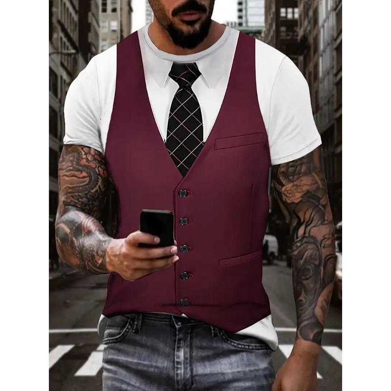 Men's Casual Suit Tie Print T-Shirt Tops Short Sleeve Crew Neck Men's Round Neck T-shirts New In Mens Cosplay Party Tee Shirts