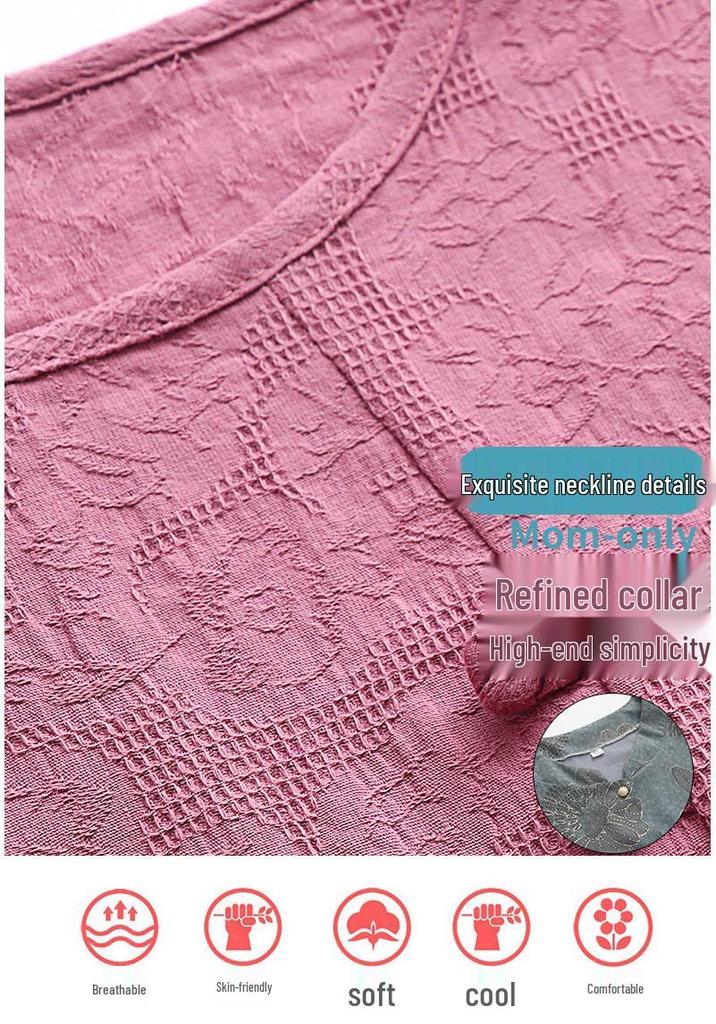 Haut brodé en coton style chinois à manches courtes pour femmes âgées - Ensemble t-shirts d'été pour mamans et grands-mères