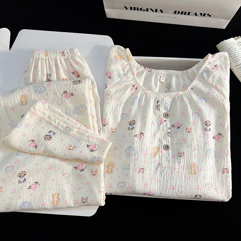 Women's Cloud Cotton Cartoon Pajama Set – Long Sleeve, Crew Neck, Plus Size, Outdoor Wear