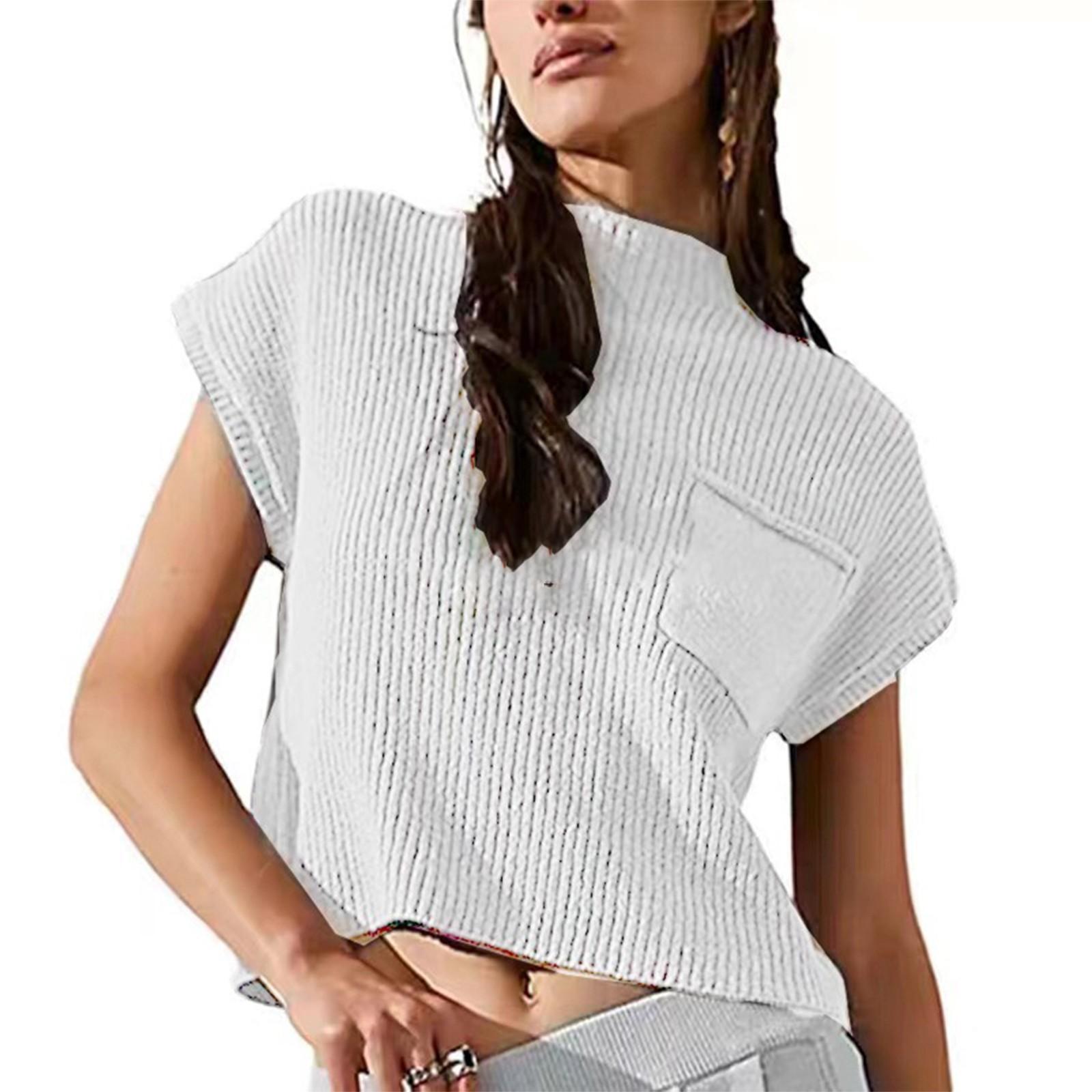 

Женский повседневный модный сексуальный однотонный удобный и дышащий пуловер с круглым вырезом, вязаный топ с карманами S белый