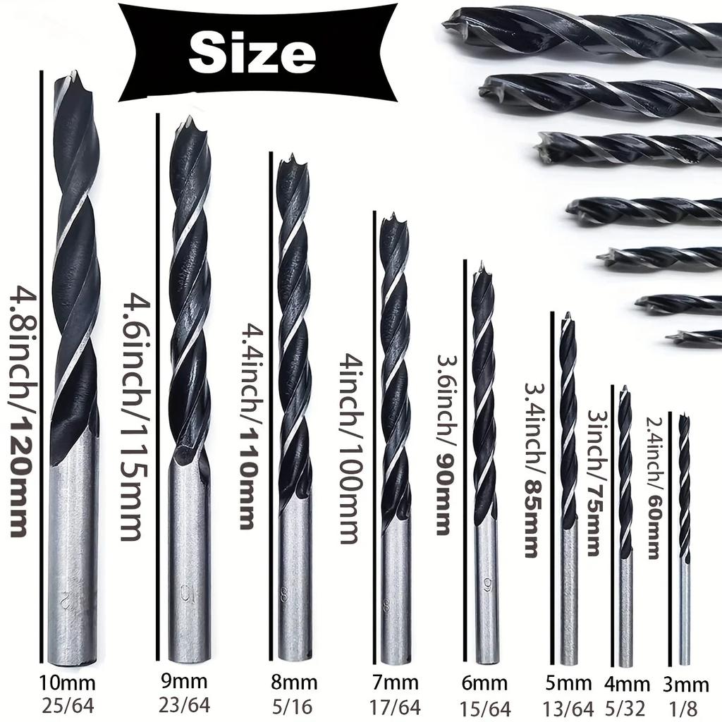 Wood Drill Bits - 8 Pcs 3mm - 10mm Spur Point Spiral Twist Wood Metric Drill Bits Working Tool for Quick Chucks & Impact Drivers