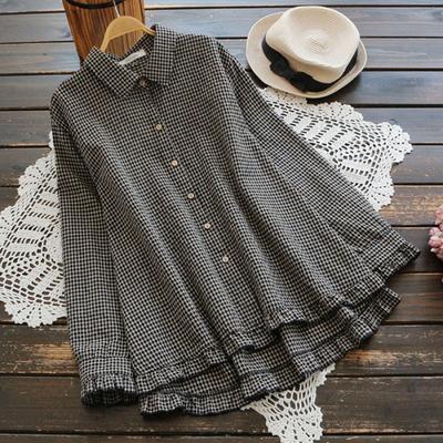 Autumn Japanese Style Loose Fit Cotton Linen Women's Shirt A- Line Solid Color Plus Size Ruffle Edge Cotton Linen