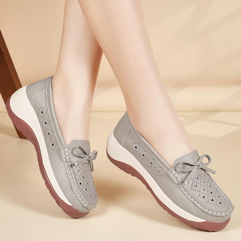 Women Platform Loafers Grey Summer Hollow Casual Elegant Leather Shoes Thick Sole Height Increase Shoes