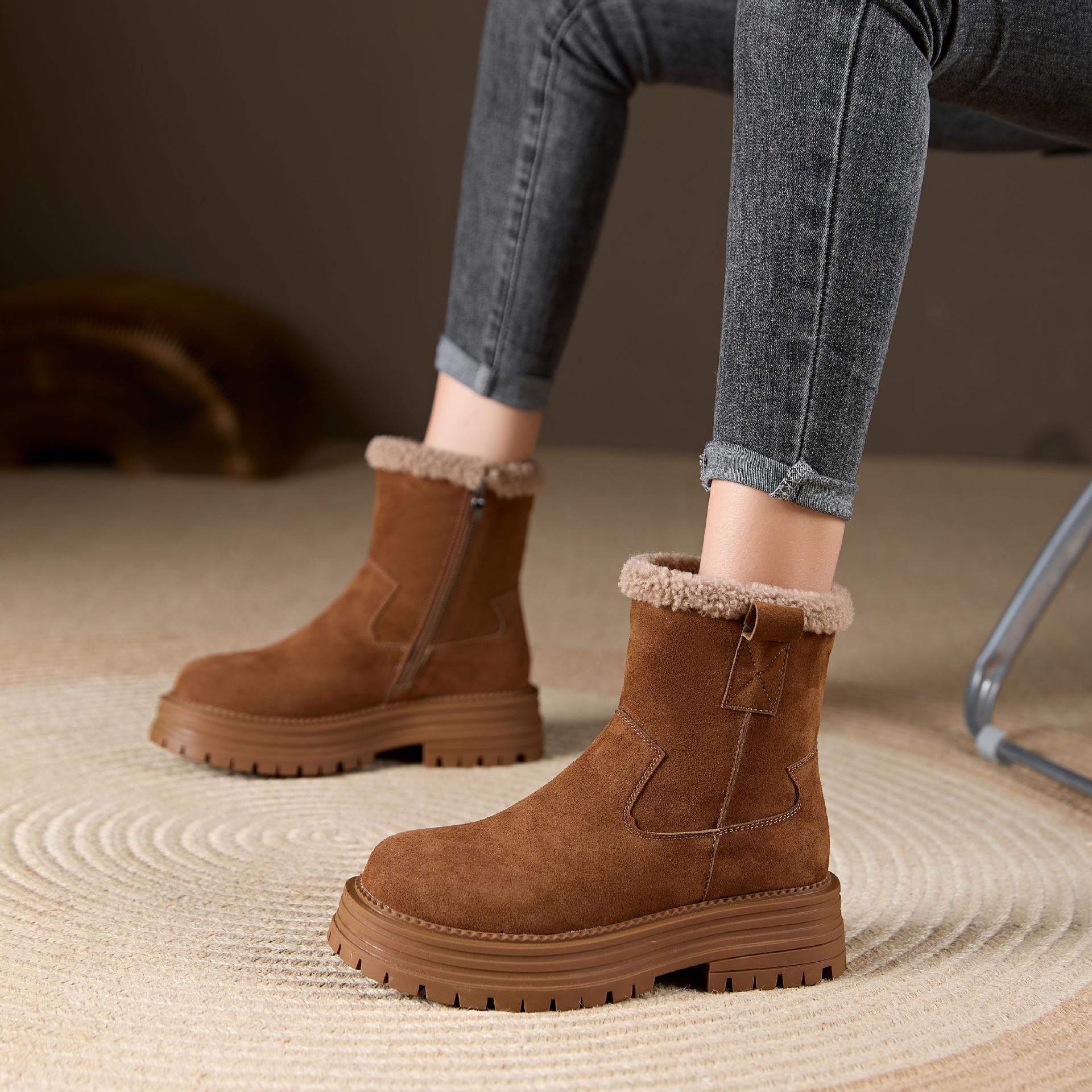 

Женские зимние ботинки на толстой платформе с застежкой-молнией, ботильоны без застежек, с подкладкой из искусственного меха, теплые замшевые полусапожки для ходьбы, обувь для женщин 39 верблюд