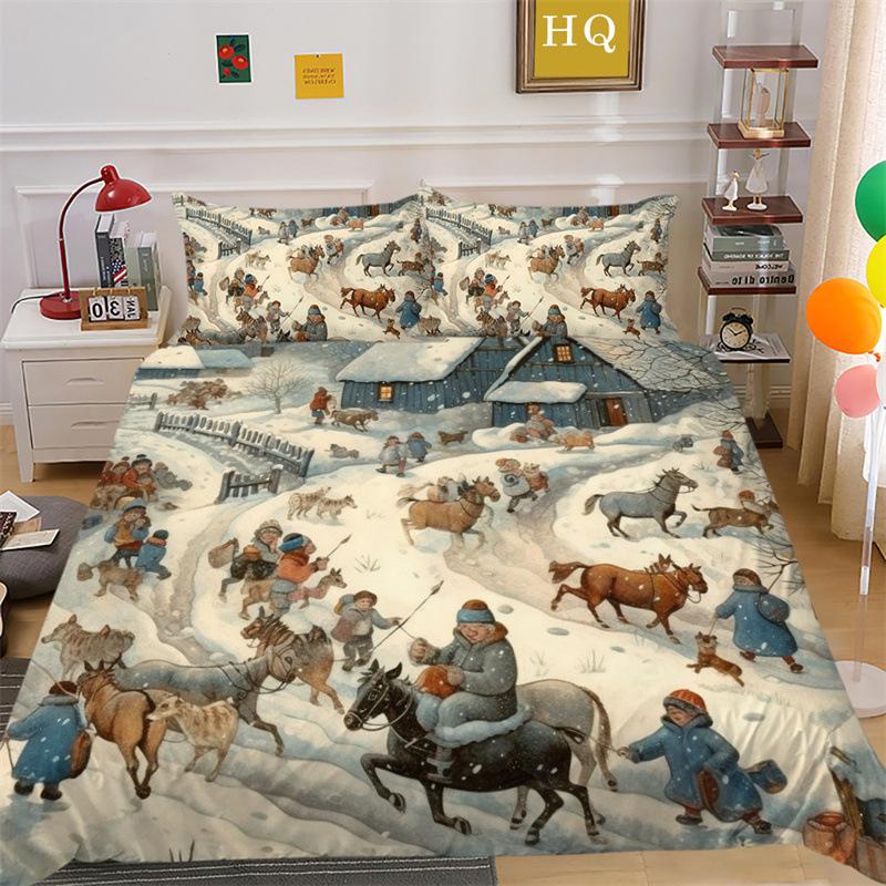 Christmas Snow Scene 3D Printed Polyester Pillowcase Quilt Cover Two Or Three Piece Set