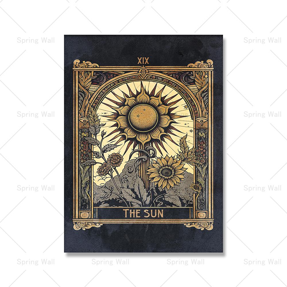 Boho Style Black The Sun Moon Tarot Card Witchy Poster Canvas Painting Abstract Flower Mystical Wall Art Picture Bedroom Decor
