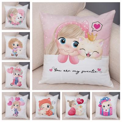 Lovely Girl And Cat Pillowcase Decor Cute Cartoon Child Cushion Cover Plush Pillow Case For Children Room Sofa Home Car 45X45Cm