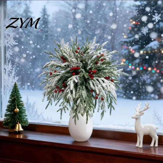 DIY Christmas Garland Decorations Artificial Snow Pine Branches And Red Berry Stems, Snowy Norfolk Stem, Faux Stems for Vase White Frosted Needles