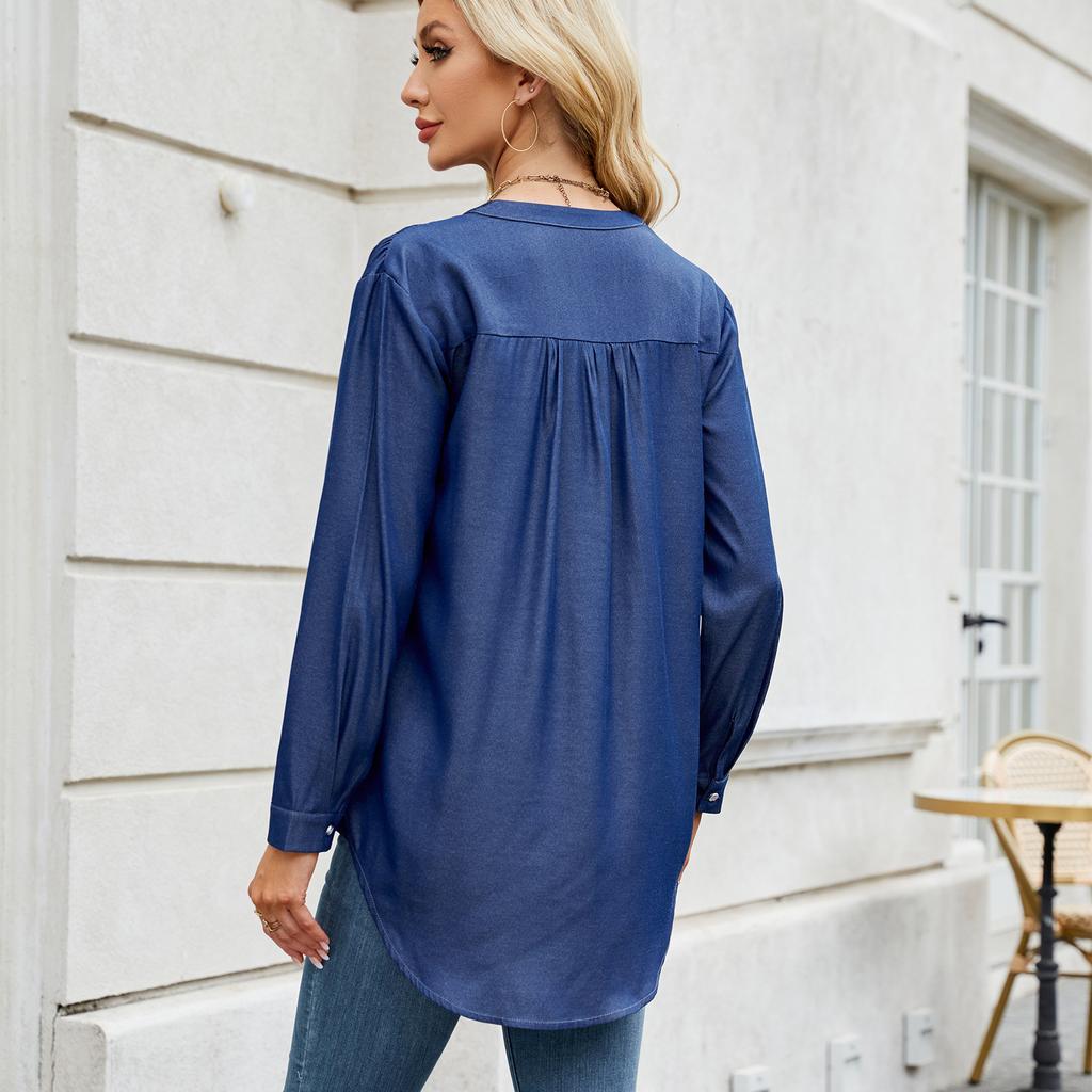 YYFS Women's Fashion Casual Spring Autumn Solid Color Print Long Sleeve V-Neck Blouses & Shirts