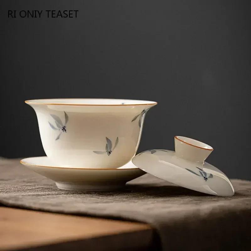 Chinese Hand Painted Orchid Ceramic Gaiwan Handmade Porcelain Teacup Travel Portable Tea Bowl Household Tea Set Teaware 160ml