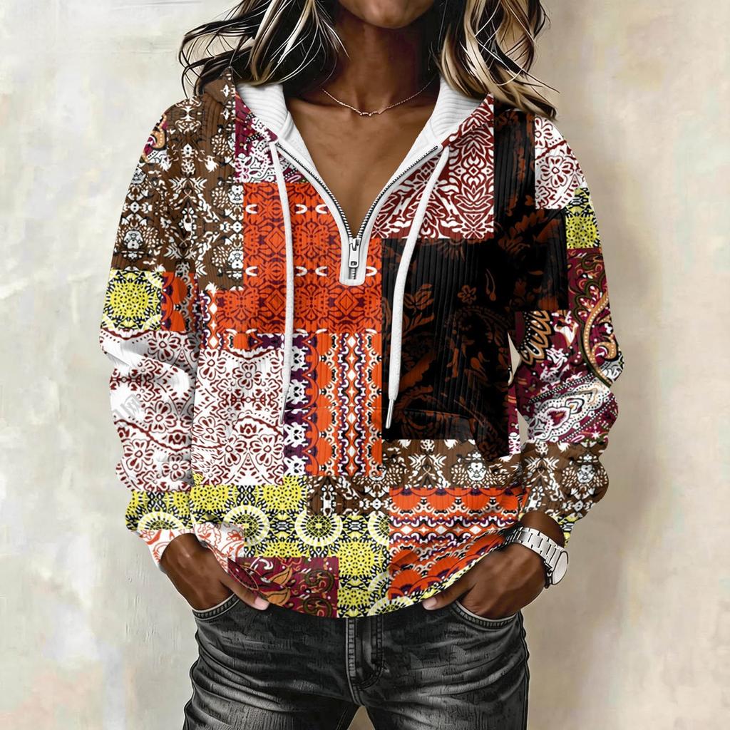 Women's Vintage Print Hoodie Pullover Sweatshirt Long Sleeve with Top