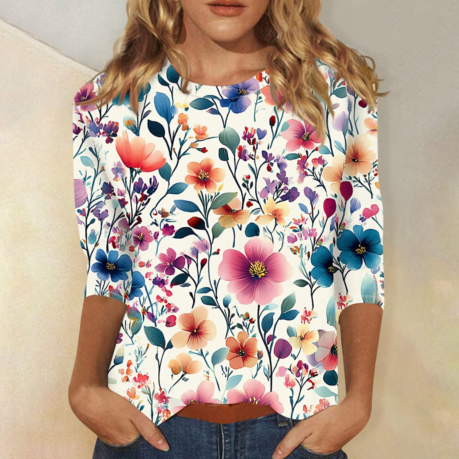 

Женская мода повседневная три четверти рукав винтажный цветочный принт круглый вырез топ XXXL