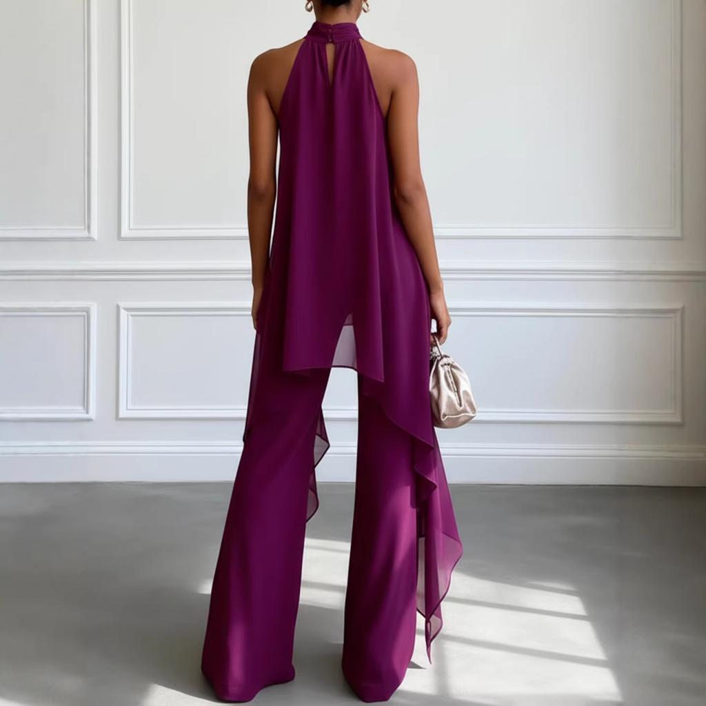 Completo da Donna con Top Senza Maniche e Pantaloni a Gamba Larga, Viola Intenso, Dettaglio Drappeggio Laterale