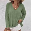 Women's Fashion Casual Solid Color V-Neck Live Button Long Sleeve T-Shirt Top