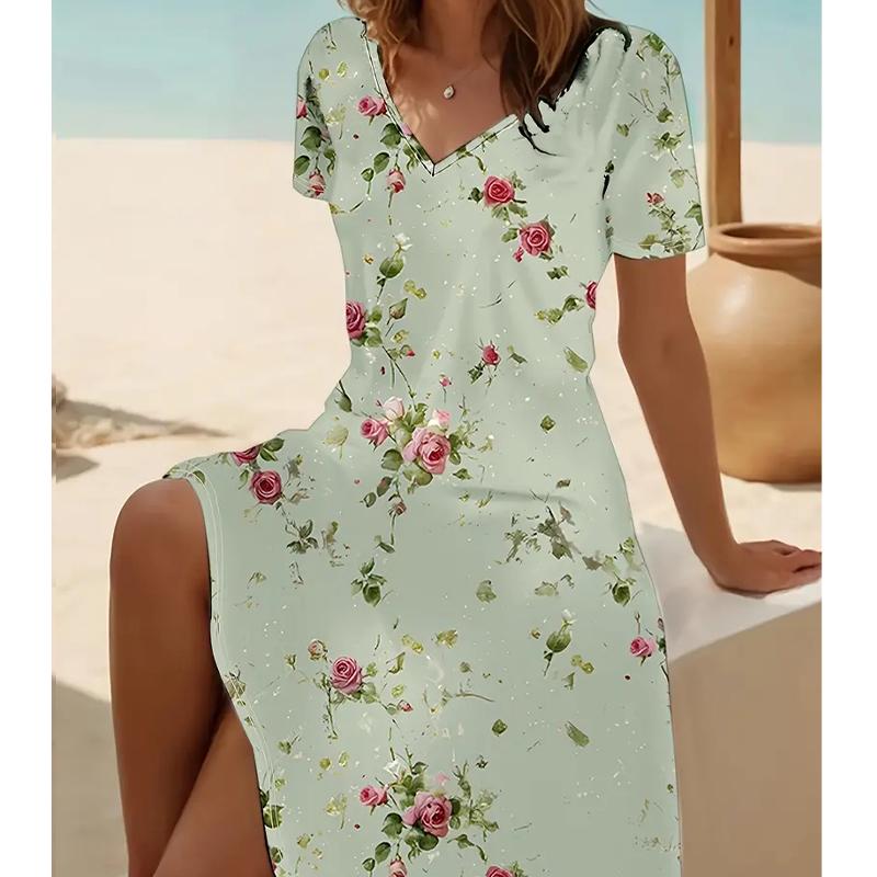 Letní módní dámské šaty s krátkým rukávem a výstřihem do V, krásné květinové tištěné šaty s krátkým rukávem a sexy sukní