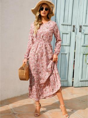 European & American Floral Slimming Waist Long Sleeve Dress