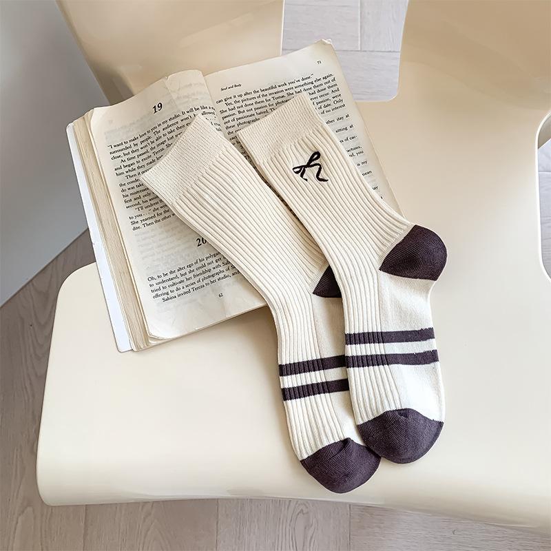 

Женские весенне-осенние новые полосатые носки из хлопка с махрой в рубчик и вышивкой в виде бантика 1 pair