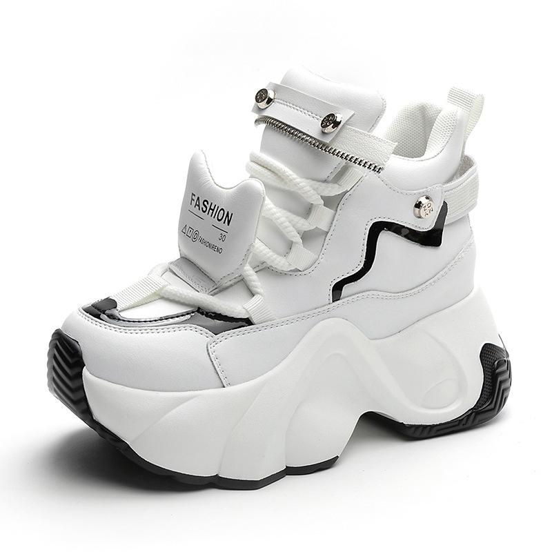 Womens White Black High Top Platform Chunky Sneakers Hidden Heel Lift Zipper Detail Casual Dad Shoes For Daily Wear New Autumn