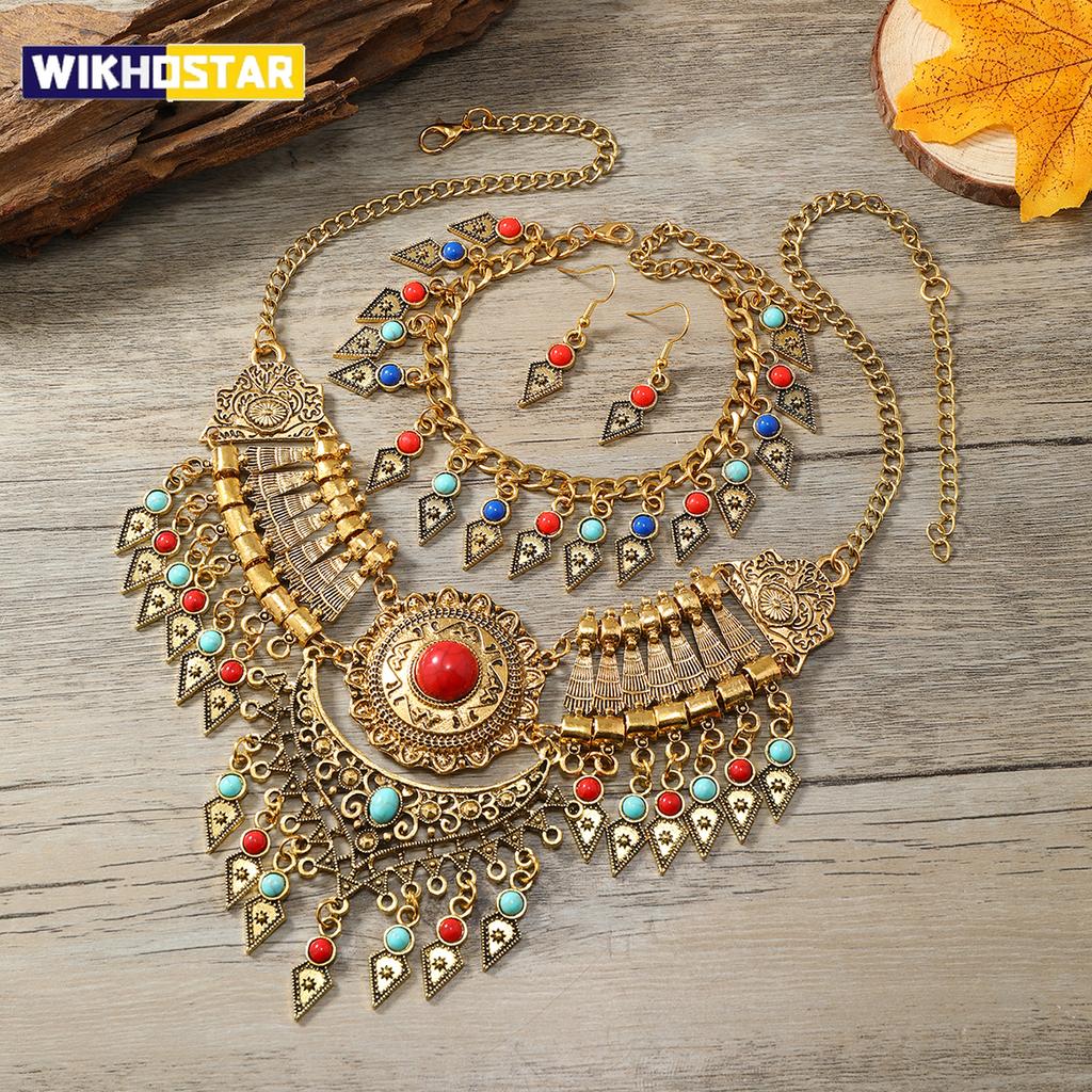 New 3-Piece Set Ethnic Retro Tassel Jewelry Set Sweater Chain Collar Chain Necklace Earrings Bracelet for Women