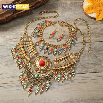 New 3-Piece Set Ethnic Retro Tassel Jewelry Set Sweater Chain Collar Chain Necklace Earrings Bracelet for Women