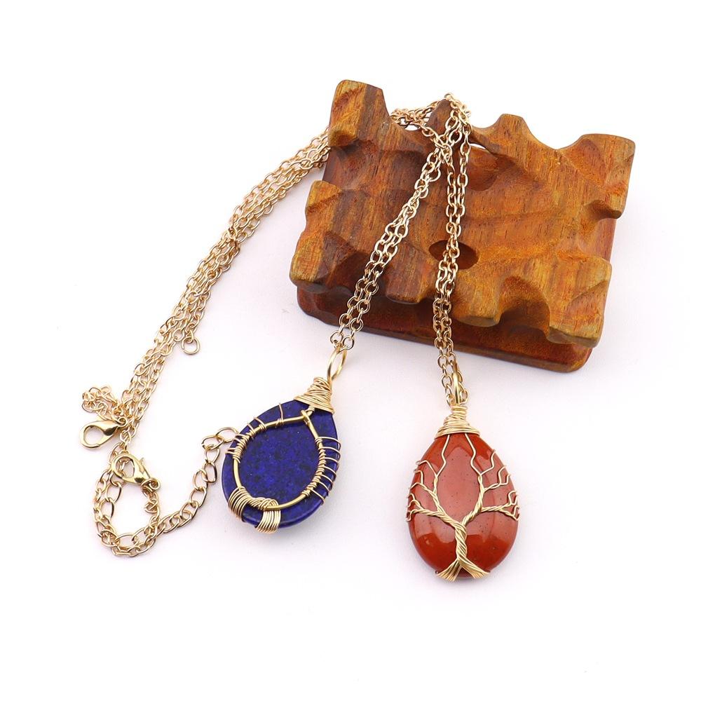 Natural Stone Crystal Agate Water Drop Winding Silk Tree Of Life Pendant Necklace Sweater Chain Water Drop Rough Stone N781