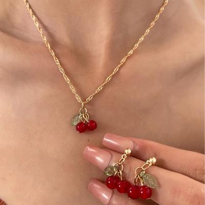 Cherry Red Pink and Green Necklace Earring Set Light Luxury Niche Design Clavicle Chain Temperament Exquisite Ornament for Women