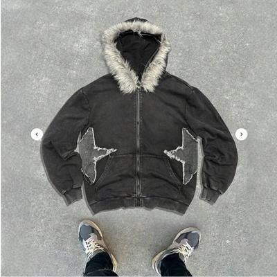 Zimní Vintage Praná Mikina s Kapucí Bunda na Zip pro Dospívající Černá Tmavě Šedá Volný Střih