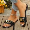 Fashion Women's Metal Chain Decor Flat Slippers Fashion Square Toe Non Slip Beach Slides Sandals Woman Summer Comfort Outdoor Slippers