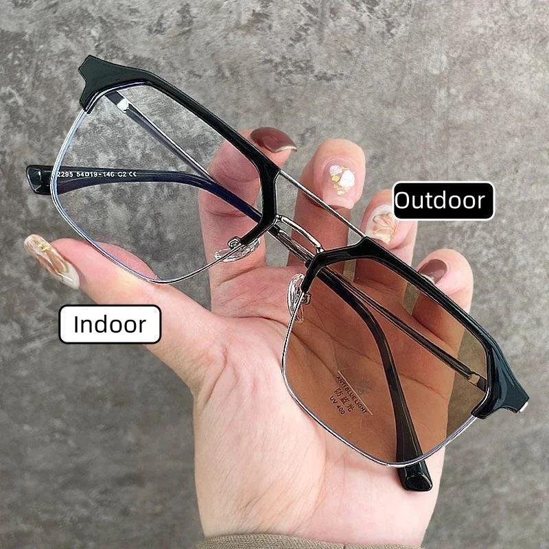 Retro Polygonal Full Frame Photochromic Near Sight Glasses Trendy Metal Double Beam Myopia Glasses Anti Blue Light Glasses