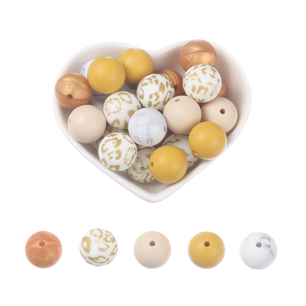 15mm 30Pcs Silicone Beads Round Print Food Grade Teething Beads for Baby Toy Soft Chew Teething DIY Pacifier Clips Necklace